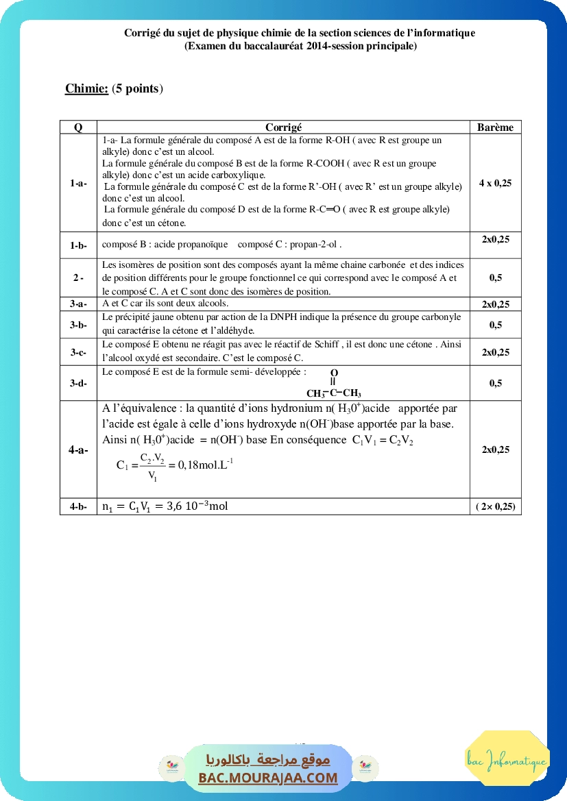 Corrigé principale physique Bac 2014 – Section info